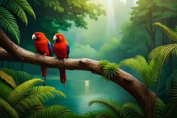 Wall Mural - Exotic birds perched on branches in the jungle. generate by AI tool