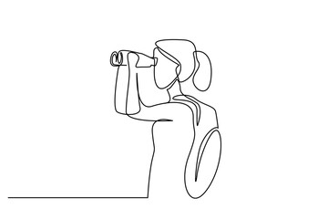 Wall Mural - young woman looking at nature through binoculars with backpack lifestyle line art design