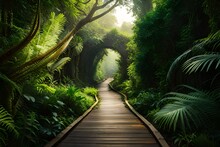 Hidden Jungle Path Leading Through Thick Foliage And A Wooden Path In Jungle Generated By AI Tool