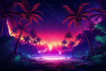 Wall Mural - Generative ai collage image picture of mysterious jungle with neon bright vivid lights under night sky
