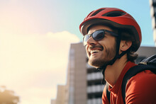 Generative AI Photograpy Of Sporty Happy Man In Protective Helmet Riding Park Exploring City Nature Outdoors