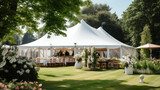 Fototapeta  - Przyjęcie weselne w ogrodzie pod białymi namiotami - nakryte stoły i dekoracje kwiatowe przygotowane na ślub