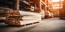 Stack Of Wooden Boards In A Warehouse Or Factory.  