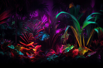Wall Mural - Generative ai collage image picture of mystical magic exotic forest with shiny neon illumination