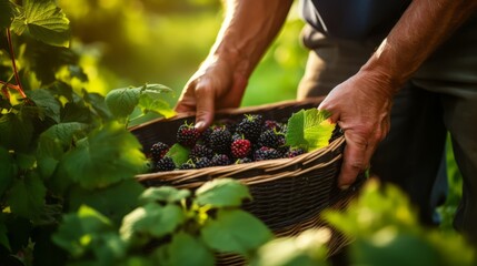 Wall Mural - A man harvests blackberries in the garden. Selective focus. Food