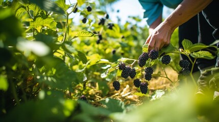 Wall Mural - A man harvests blackberries in the garden. Selective focus. Food