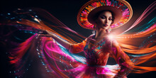 Fabulous Cinco De Mayo Female Dancer In Vibrant Neon Dress. Generative AI