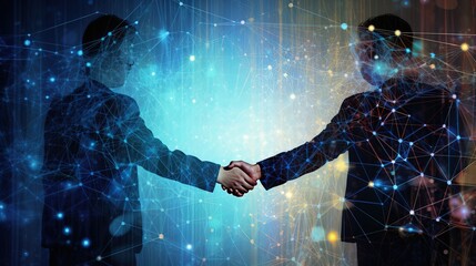 Two Businessman Shaking their Hands in an Abstract Network Background.