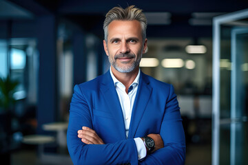 Wall Mural - Happy middle aged business man ceo standing in office arms crossed. Smiling mature confident professional executive manager, proud lawyer, businessman leader wearing blue suit