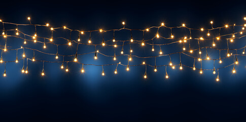 Wall Mural - Hanging light bulbs on dark background. Cozy decoration indoor cafe or Christmas party vibe