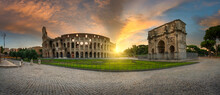 Colosseum Panorama At Sunrise In Rome, Italy 