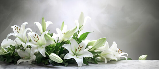 Wall Mural - Beautiful white flowers, lilies , over marble background. Bouquet of flowers at cemetery , funeral concept.