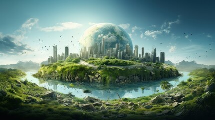 Wall Mural - symbolic 3d image of the globe among elements human activity and nature landscape. eliminate waste a