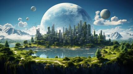 Wall Mural - symbolic 3d image of the globe among elements human activity and nature landscape. eliminate waste a