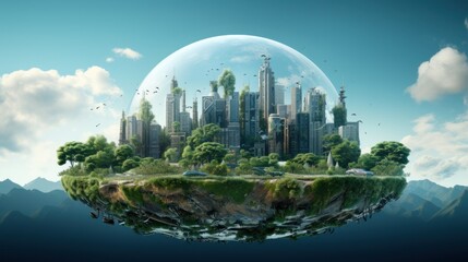 Wall Mural - symbolic 3d image of the globe among elements human activity and nature landscape. eliminate waste a