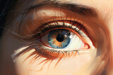 Fototapeta  - Close-up of a young woman's eye in bright sunlight, AI generation