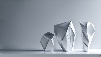 Three modern glossy white geometric shape podium table. Ai Generated