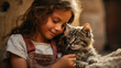 portrait intime d'une petite fille avec son chaton tigré, lumière arrière