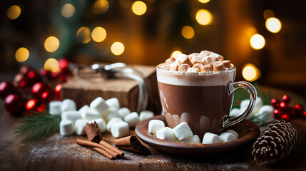 mug of hot cocoa with marshmallows on the background of christmas lights