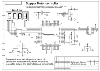 Schematic diagram of electronic device with motor 
operating under the control of a microcontroller.
Vector drawing electrical circuit with button, controller, lcd display
and electronic components.