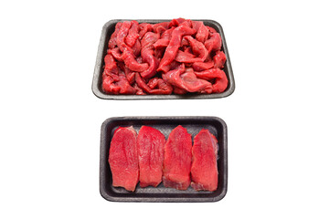 Wall Mural - Raw veal slices in container isolated on white background.