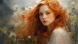 Oil painting artistic image of pretty violetish hair woman with blue eyes and red pink lips, has a curvy body with modern stylish clothes, about 23 years old, in impressionist style of claude monet
