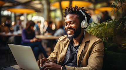 happy young african american man in glasses wearing headphones sitting with laptop and learning.