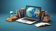 © ckybe - Laptop with Virtual Earth on the screen.  Books around. Homeschooling and E-learing concept.