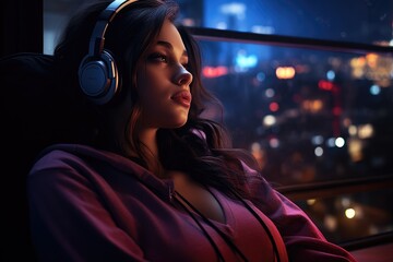 Beautiful young girl relaxing to her music on her headphones in big city lights from her window. Generative AI