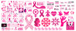 big mega bundle set of breast cancer awareness month elements. social media post, typography, ribbon,  women, girl,  world map, butterfly,  use to background, book cover, banner, placard, card, poster