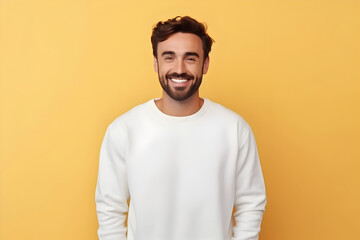 Young man wearing white sweatshirt mockup, at yellow background. Design pullover template, print presentation mock-up. AI generated.