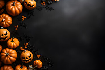 Wall Mural - happy halloween flat lay mockup with pumpkins and spider web on black background. autumn holiday con