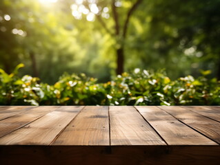 Wall Mural - Wooden floor perspective and green forest with ray of light.