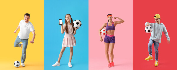 Poster - Set of people with soccer balls on colorful background