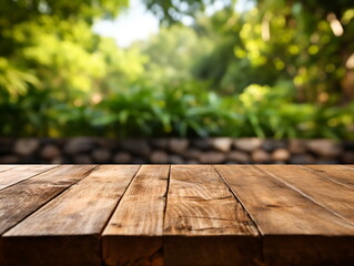 Wall Mural - Wooden floor perspective and green forest with ray of light.