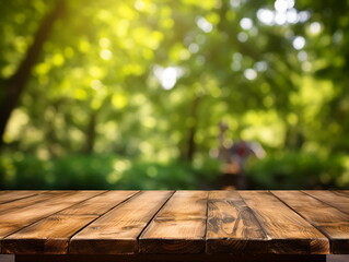 Wall Mural - Wooden floor perspective and green forest with ray of light.