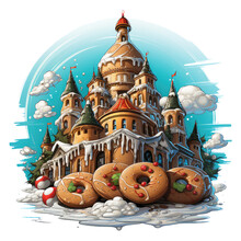 A Captivating Christmas Cookies T-shirt Design Showcasing A Magical Cookie Castle, With Towering Walls Made Of Gingerbread, Generative Ai