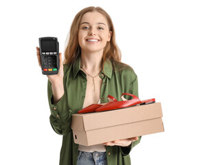 Sticker - Young woman with shoe box and payment terminal on white background