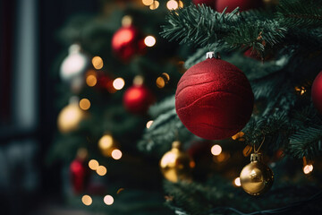 Wall Mural - Christmas tree decorated in a holiday party. Christmas background. AI generated