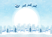 クリスマスの背景フレーム サンタクロースと雪の街の水彩風景イラスト