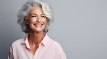 Beautiful Gorgeous 50s Mid Age Beautiful Elderly Senior Model Woman With Grey Hair Laughing And Smiling. Mature Old Lady Close Up Portrait. Healthy Face Skin Care Beauty, Skincare Cosmetics, Dental.