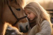 Cute Girl Snuggles A Pony, Looking Into Each Other's Eyes. Generative AI