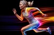 © piai - Sporty woman in a running suit with colorful trail behind. Generative AI