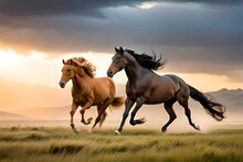 Horses Running Front Of At Sunset