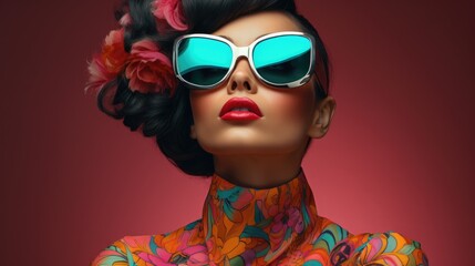 Sticker - Fashion model with colorful sunglasses and floral shirt, AI