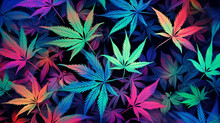 Colorful Pattern Of Marijuana Leaves. Psychedelic And Neon Colors. Weed Leaves In Orange, Yellow, Green, Purple And Red. Generative AI.