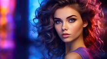 Beautiful Woman With Curly Hair With Healthy Skin And Make-up Looks Intently Into The Camera. Close-up Portrait Of A Sensual Female Model. Illustration For Cover, Interior Design, Decor Or Print.