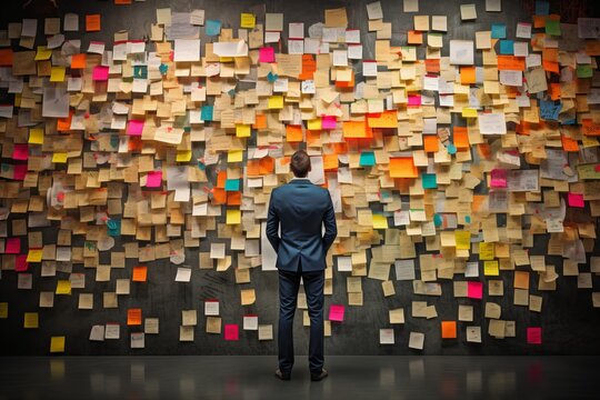 a man in business clothes standing with his back turned in front of a huge wall with sticky notes, c