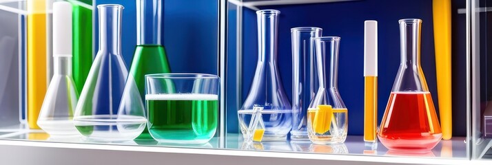 Wall Mural - Lab theme with lab glassware filled colorful liquid and transparent empty podium on gradient background. Science laboratory research and development concept