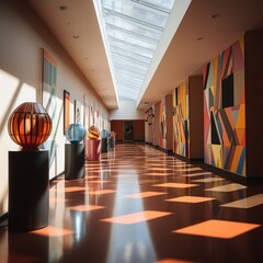 Sticker - A long hallway with colorful art on the walls. Generative AI.